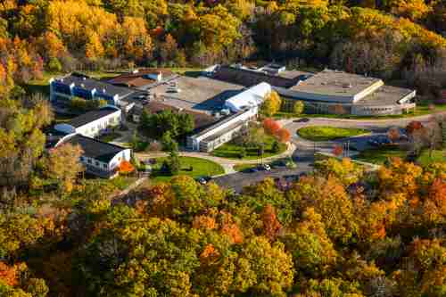 Aerial of Calder arts center and living center in the fall